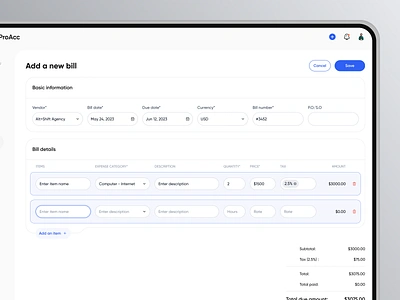 Money Management Saas - Add a new bill billing bills dashboard data visualisation design finance finance management fintech fintech saas insights money management payments saas table ui design ux design web app web application web ui