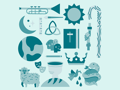 Icon Illustration Set - Thinking About God bible communion earth jesus kids book kids ministry kidsmin lamb moon sin snake staff sun theology trumpet