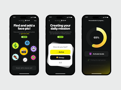 Happyō — Onboarding Screens app app design cards clean dark mode game gamification illustration interface ios mobile mobile app onboard onboarding onboarding ui product product thinking social app ui ux