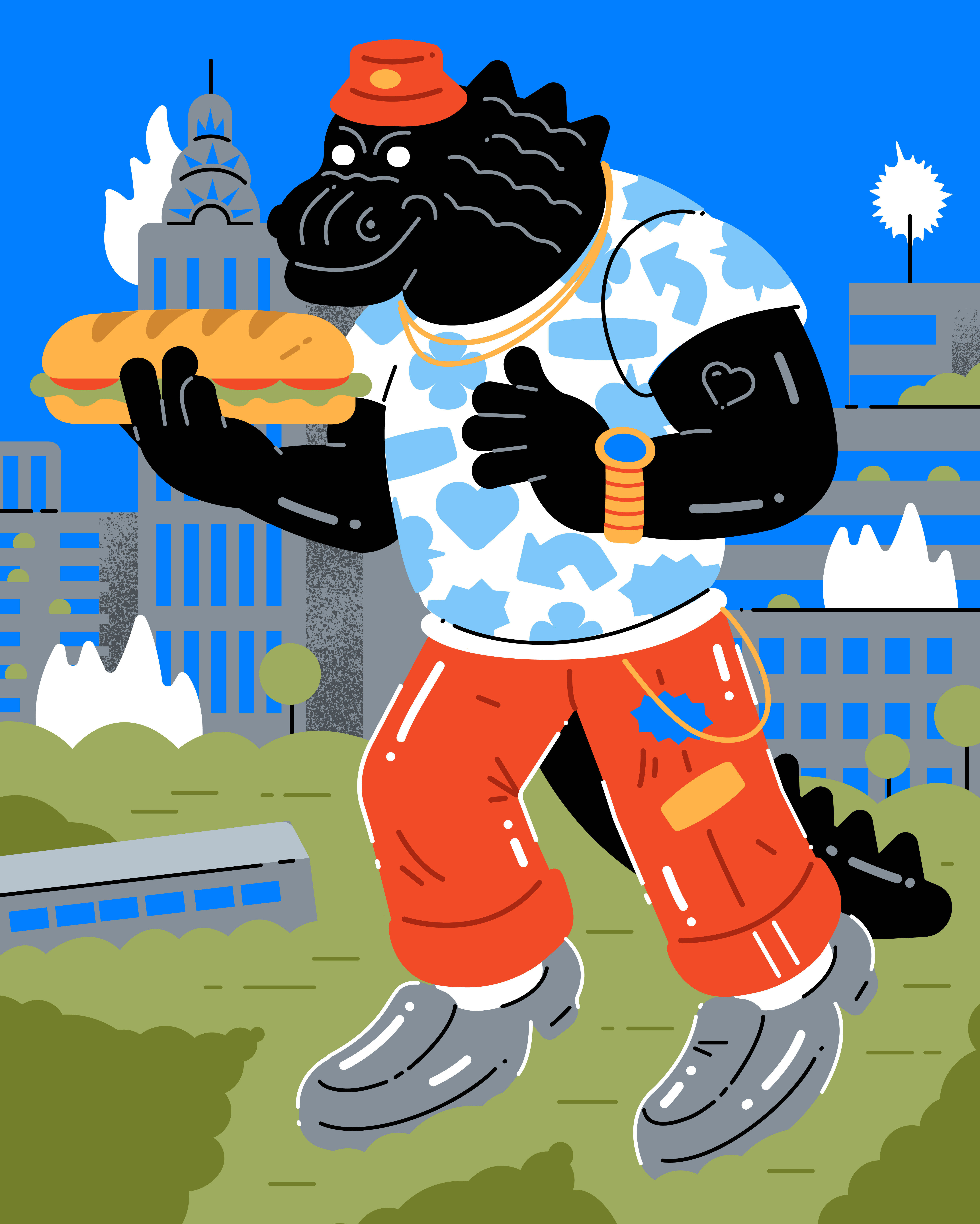 What if he was there to enjoy the city? character design food godzilla graphic design graphicdesign illustration man newyork sub