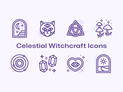 42 Celestial Witchcraft Icons cat crystal ball feather frog icon icon pack magic mushrooms ouija board potion ritual runestones spells tarot card vector wicca witch withccraft