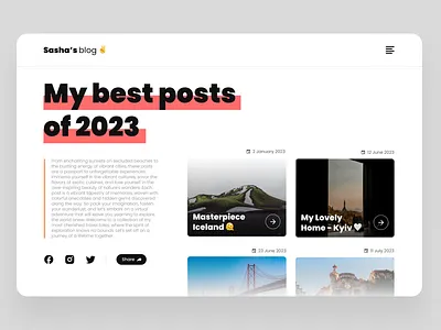 Personal Blog Webpage 063 63 best of 2023 blog branding challenge daily ui 063 dailyui dailyui063 design mockup personal blog personal website post share social media travel blog ui uiux website