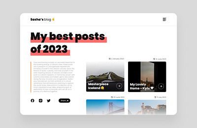 Personal Blog Webpage 063 63 best of 2023 blog branding challenge daily ui 063 dailyui dailyui063 design mockup personal blog personal website post share social media travel blog ui uiux website