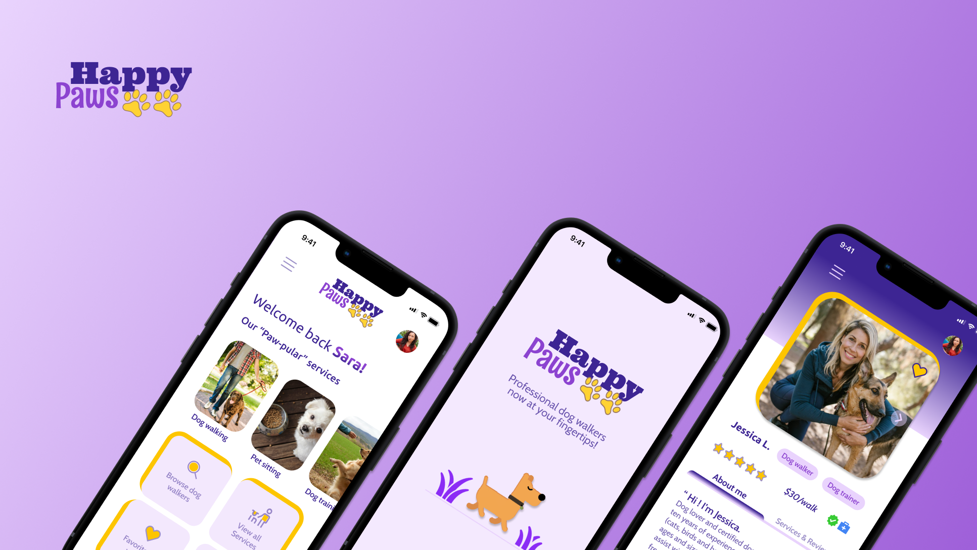Happy Paws - A Dog-walking App app design dog walking app happy paws product design ui user research ux