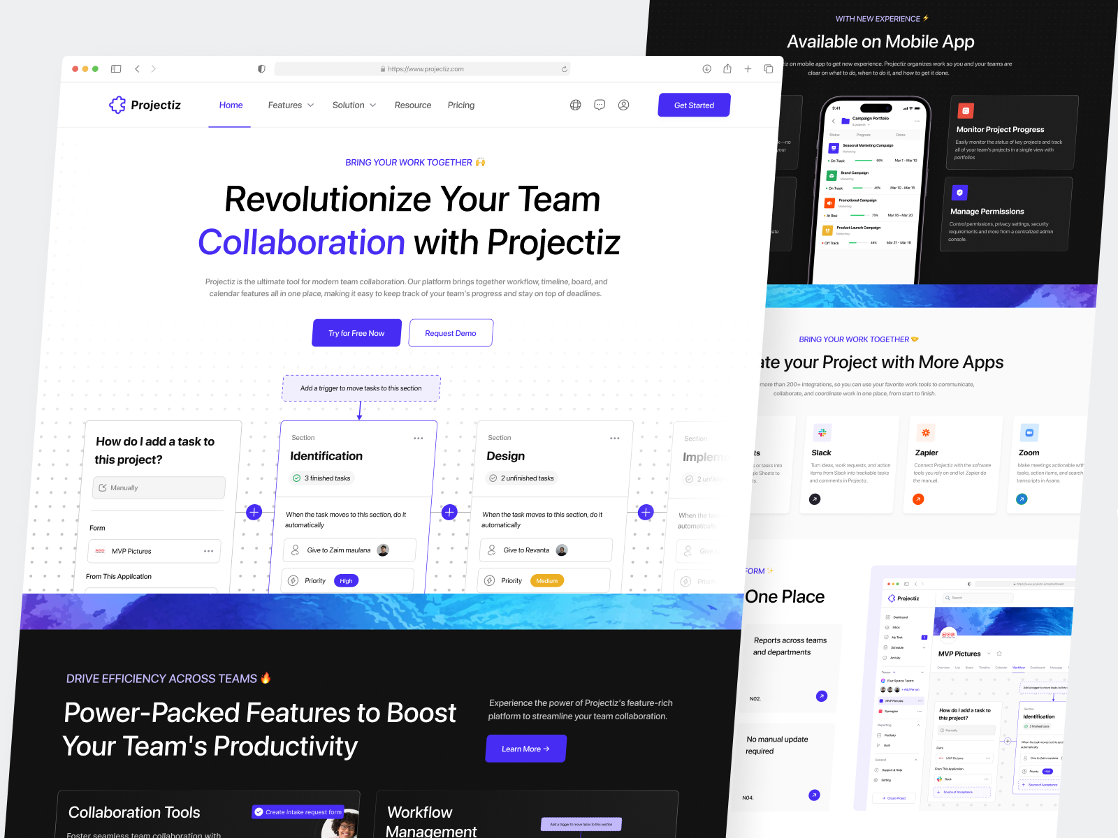 Projectiz - SaaS Team Collaboration Landing Page asana clean component landing page management mockup organize product productivity progress project management saas task manager team collaboration timeline trello web design website workflow workspace