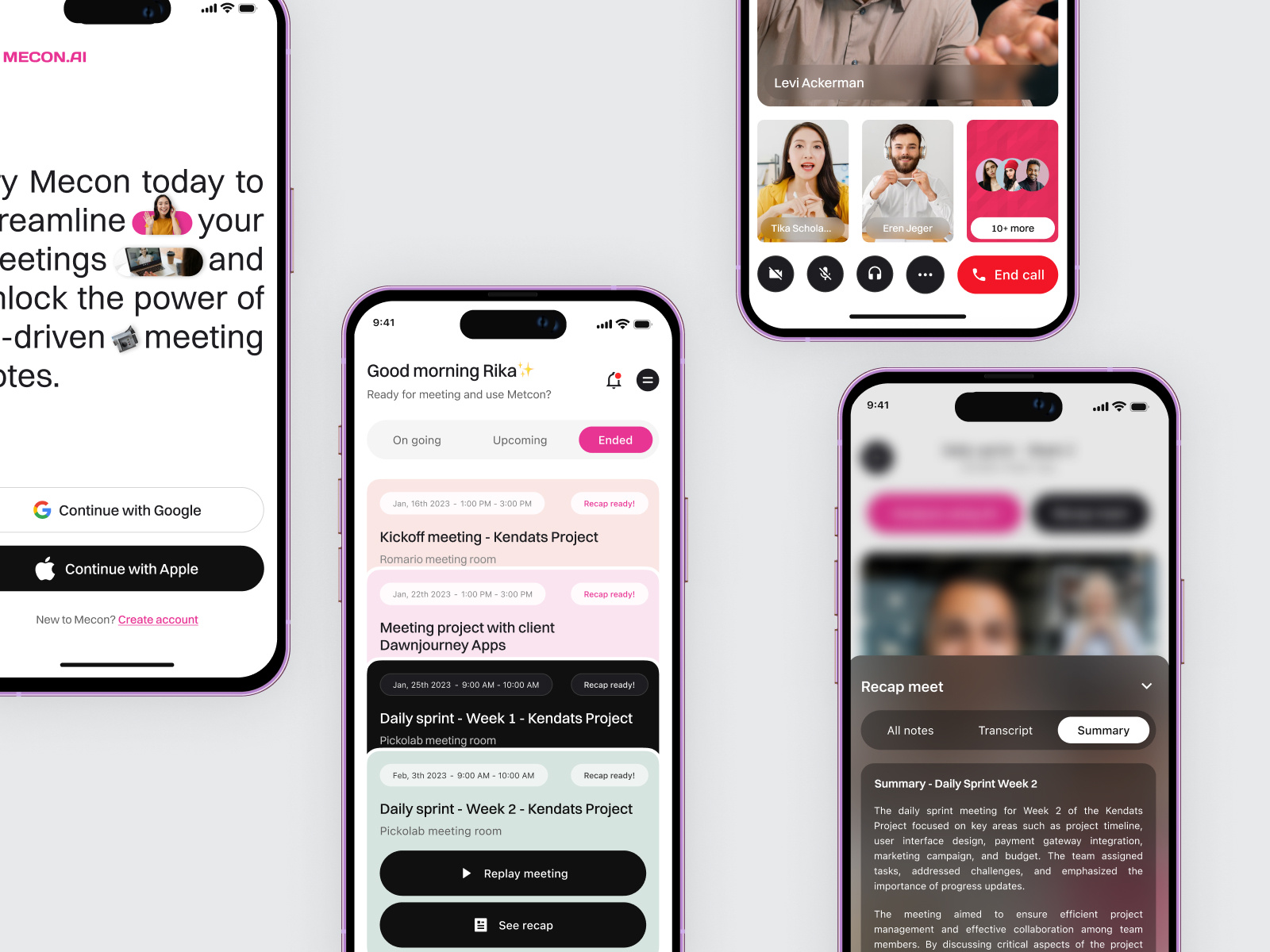 Mecon - AI Meeting Notes 📹 ai meeting asistant app artificial intelegence automation live meeting meeting app meeting note meeting ui mobile mobile app online meeting product design room chat text ai text mining transcribe transcript video chat video communication zoom