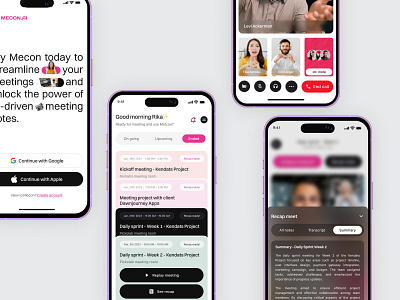 Mecon - AI Meeting Notes 📹 ai meeting asistant app artificial intelegence automation live meeting meeting app meeting note meeting ui mobile mobile app online meeting product design room chat text ai text mining transcribe transcript video chat video communication zoom