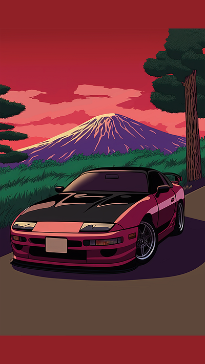 A Moment Frozen in Time: The Red Sports Car at Sunset. automotive art car art car illustration design digital art illustration japanese cars