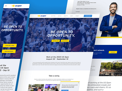 US Open Hiring Event Page blue branding careers clean design figma hiring indeed landing page mobile modern sport sports tennis ui us open ux web webdesign