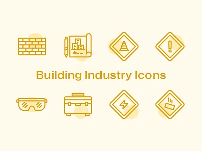 Building Industry Icons bricks build builder building cargo construction contruct demolition hammer icon icon pack nails outdoors safety toolbox tools vector worker wrench yellow