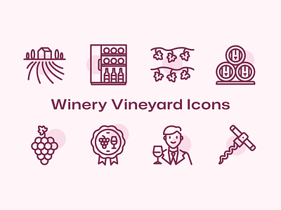 Winery Vineyard Icons aroma awards barrel bottle corkscrew fridge giftbag grapes icon icon pack sommelier tasting vector vine vines vineyard wine winery