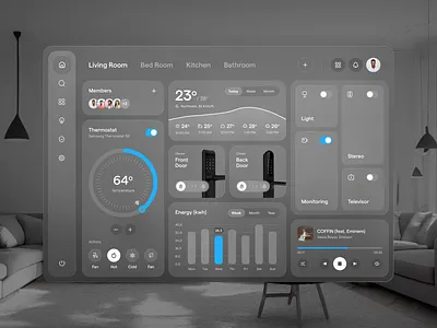 Smart Home UI - Apple Vision Pro app app redesign apple design concept design design glass effect home ios logo modern music player player saas saas design saas web app seative digital smart home ui vision os web design