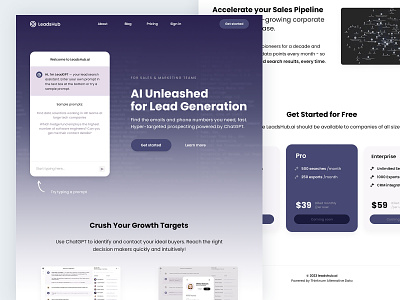 LeadsHub Landing Page ai blue chat chatgpt flat landing page leads light pricing rounded buttons screenshot ui white