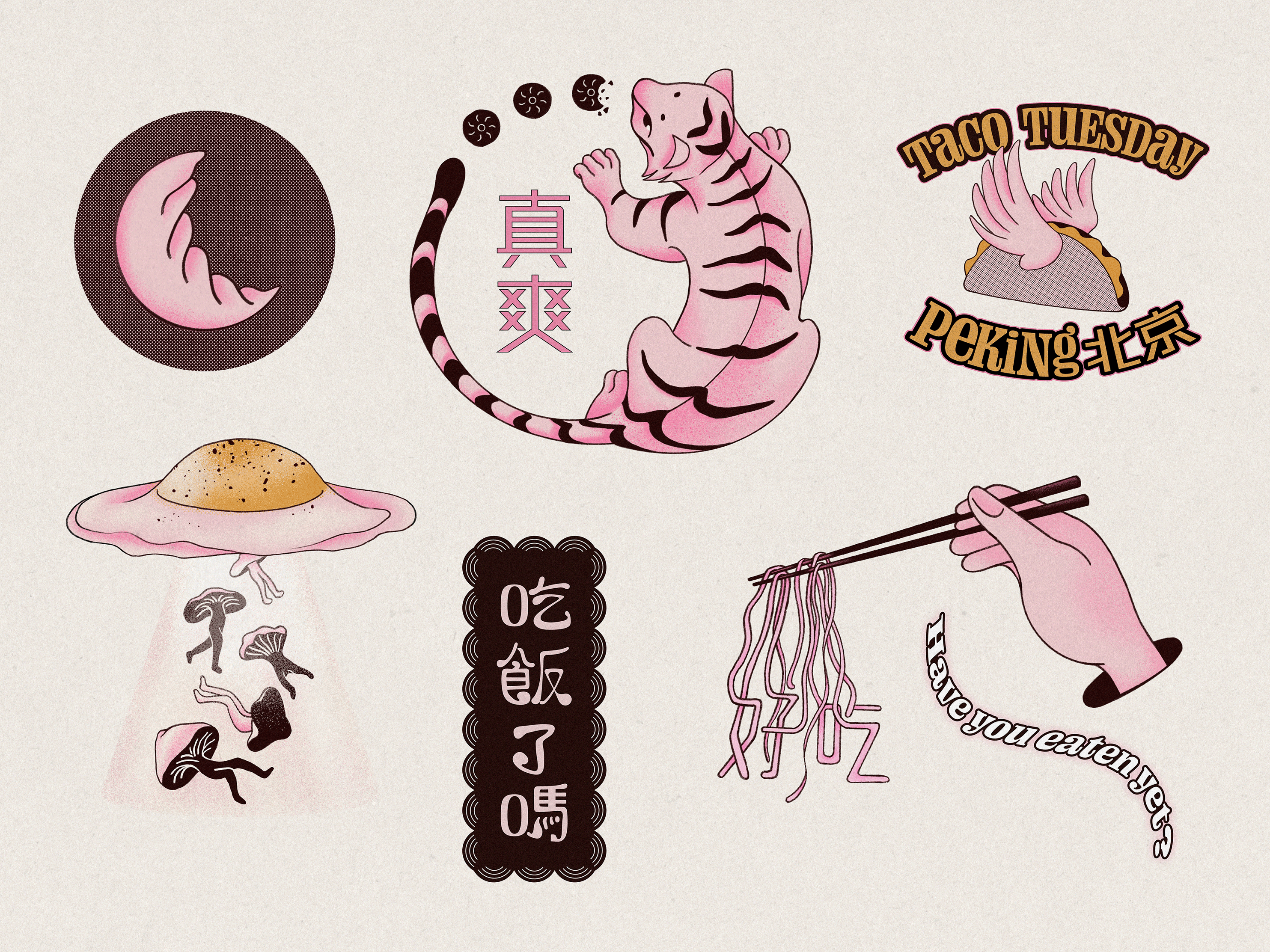 Illustrations for a Cookbook asian badge bao book chinese chopsticks cookbook digital art duck eating egg family food illustration layout recipe tacos tiger type zine