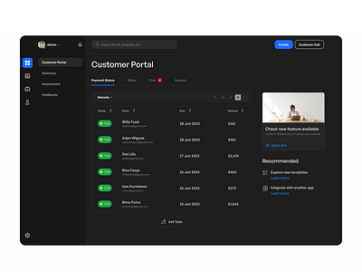 Customer Portal Management customer management desktop enterprise icon side navigation list management navigation payment status product design saas dashboard sidebar example table view task management ui design ux design web app web dashboard