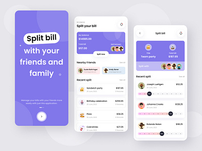 Split bill - Mobile application design app application bills card design expanse figma history light light theme mobile app mobile screen mobile ui money profile screen split bill theme ui ux