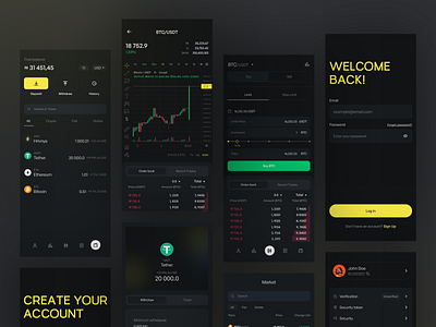 Crypto Trading Mobile App app awwwards bitcoin blockchain branding chart crypto crypto exchange design exchange graph illustration logo minimal product design trading ui ux