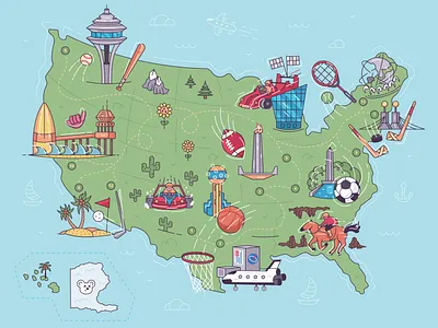 sports infographics in usa. betting.us x marco baseball basketball betting design flat football golf horse icon illustration line map nasa racing roadmap soccer sport surf usa vector