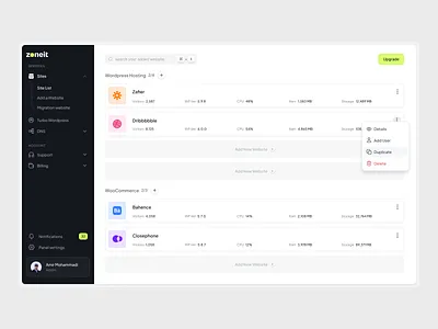 Zoneit Cloud Dashboard clean cloud create dashboard hosting light mode modern panel saas site wordpress