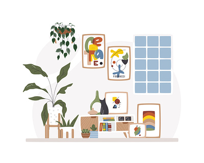 Home interior with houseplants and many decors adobe illustrator colorful decor flat design graphic design hallway hand drawn home decor home design home interior houseplant indoor interior living room mid century modern style plant resedential scene vector vector illustration wall art