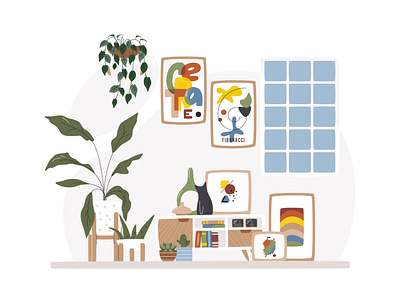 Home interior with houseplants and many decors adobe illustrator colorful decor flat design graphic design hallway hand drawn home decor home design home interior houseplant indoor interior living room mid century modern style plant resedential scene vector vector illustration wall art