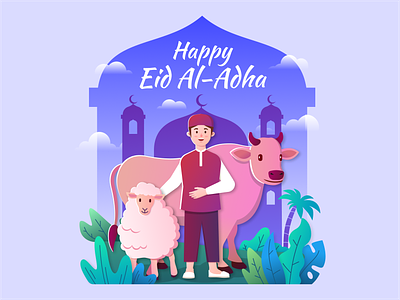 Happy Eid Al-Adha adha character cow design eid eid al adha flat flat illustration hero illustration lamb qurban vector website