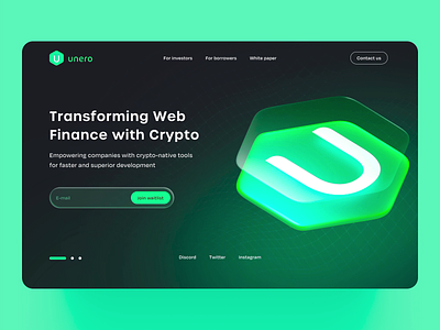 Unero — Crypto Service Landing Concept 3d abstract animation bitcoin blockchain crypto currency dark decentralized defi finance green grid hero section hexagon isometric landing logo