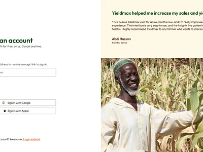 Create an account and login pages for Yieldmax Saas dashboard agriculture ai create an account dashboard data login risk saas sign in sign up ui ux yield