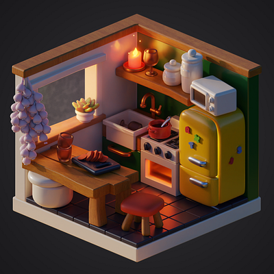 Mini Isometric Kitchen 3d 3d art blender environment game art illustration isometric isometric room kitchen lowpoly room tuturial