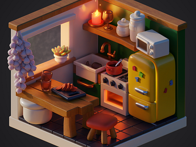 Mini Isometric Kitchen 3d 3d art blender environment game art illustration isometric isometric room kitchen lowpoly room tuturial