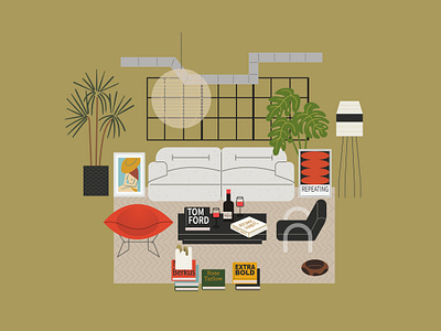 Metahaiku Studio apartment art books calm cozy design digital art furniture illustration interior interior design lamps plants relax sofa studio style vector vintage