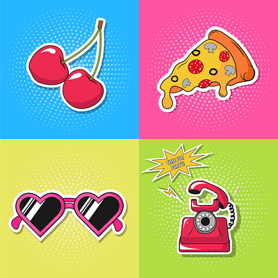 Pop art stickers bright colourful design graphic design illustration popart retro stickers style