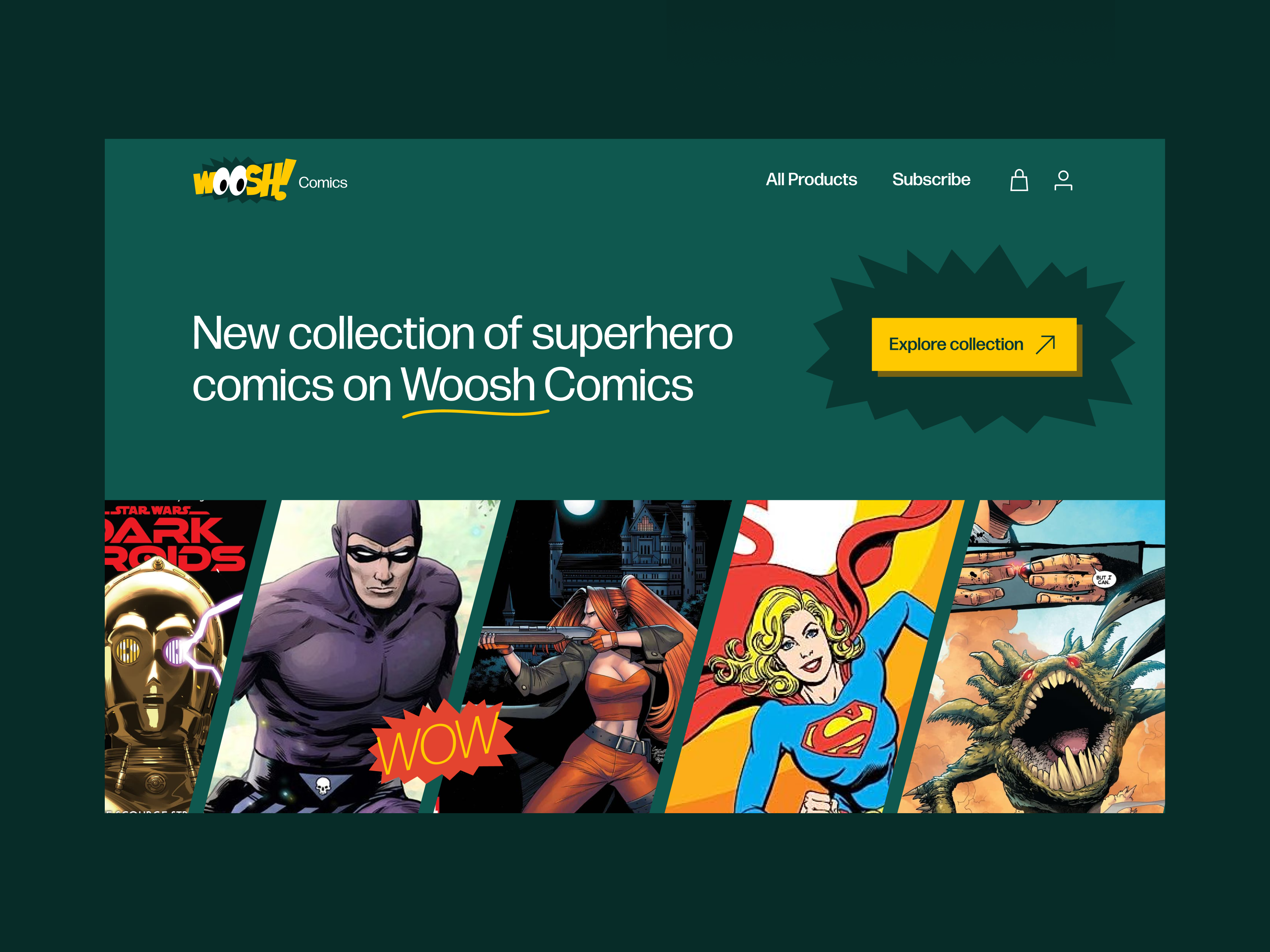 Webpage concept for Woosh! Comics branding comics concept graphic design illustration ui web design