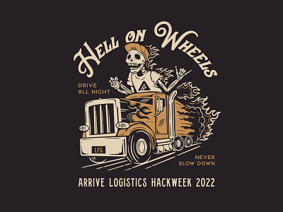 Hell on Wheels - Arrive Logistics Hackweek 2022 fire hell hell on wheels illustration lfg semi truck skeleton skull smoke trailer truck trucker