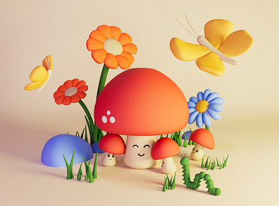 Mushroom Family 3d model 3d 3dmodel c4d cinema4d cute mushroom nature3d