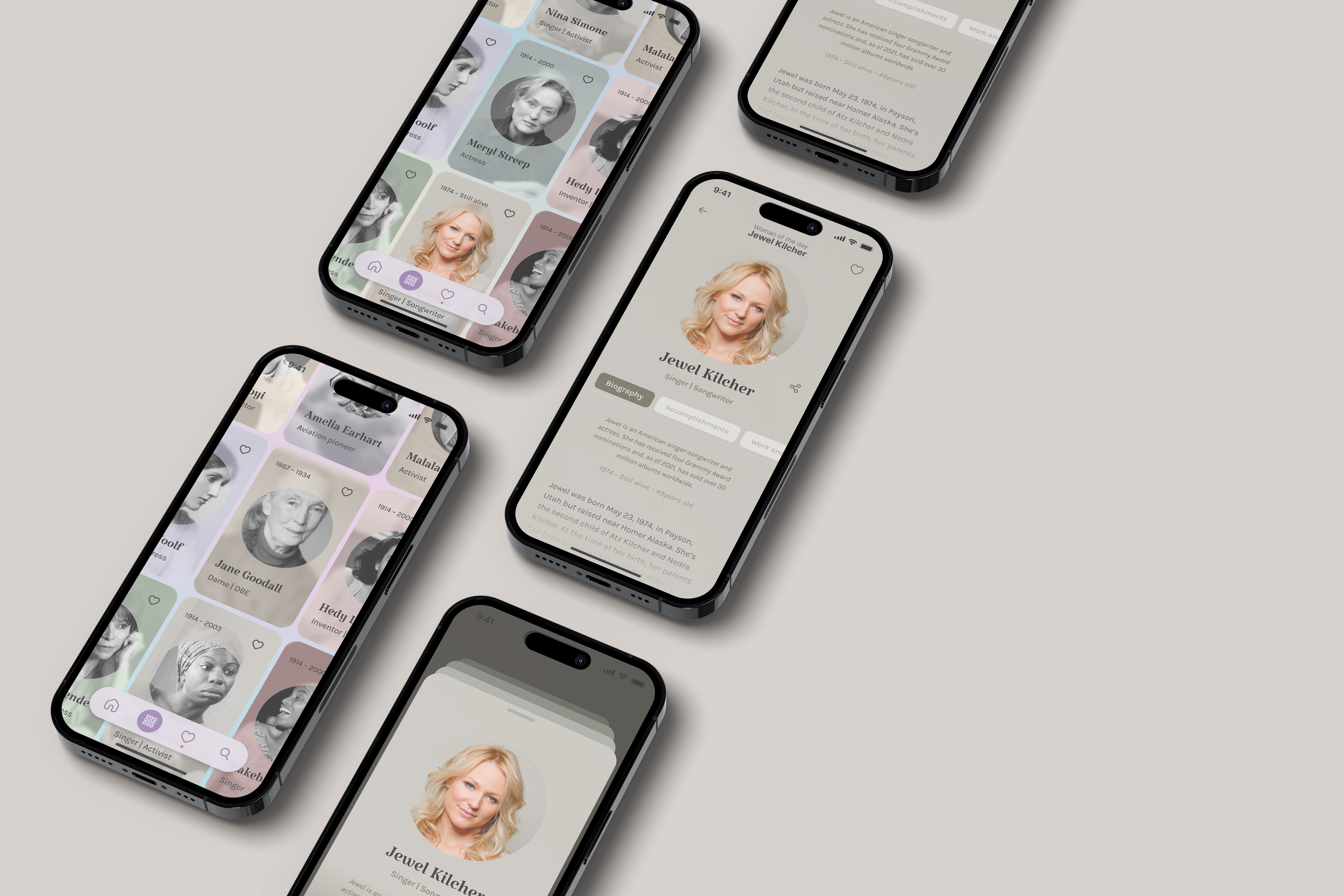 Woman of the day (Concept app) app brand branding concept design femenine figma gender graphic design hedy lamarr idea inspiration iphone iphone 14 jewel jewel kilcher meryl streep ui ux woman