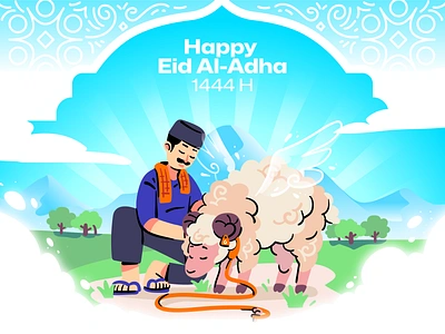 Eid Al Adha 1444H camel character cow design eid eid al adha goat greeting hajj holiday illustration islam islam prayer kaaba landing page moslem pray qurban shep website