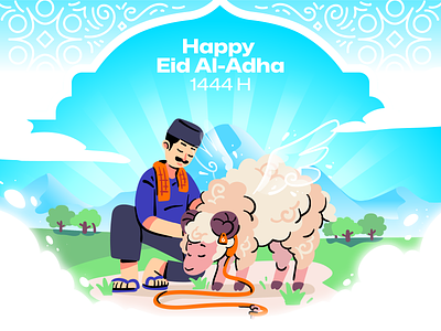 Eid Al Adha 1444H camel character cow design eid eid al adha goat greeting hajj holiday illustration islam islam prayer kaaba landing page moslem pray qurban shep website