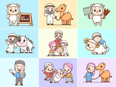 Eid Al Adha Mubarak 1444 H🕌🐏🐄👳🏻‍♂️ animals camel character cow cute eid al adha eid mubarak family goat greetings holiday icon illustration islam lebaran logo moslem people pet sheep