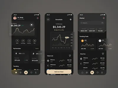 Crypto mobile app app crypto dark design experiency glassmorphism graph home interface main page mobile app onboarding ui user ux