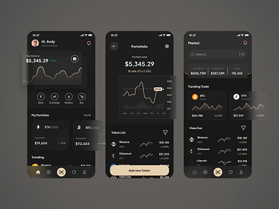 Crypto mobile app app crypto dark design experiency glassmorphism graph home interface main page mobile app onboarding ui user ux