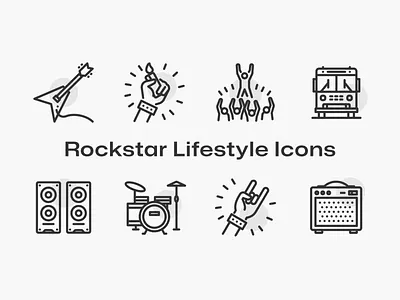 Rockstar Lifestyle Icons amp audio crowd drums guitar headbanger icon icon pack merch metal metalhead rock rockstar stage tickets tour bus vector volume