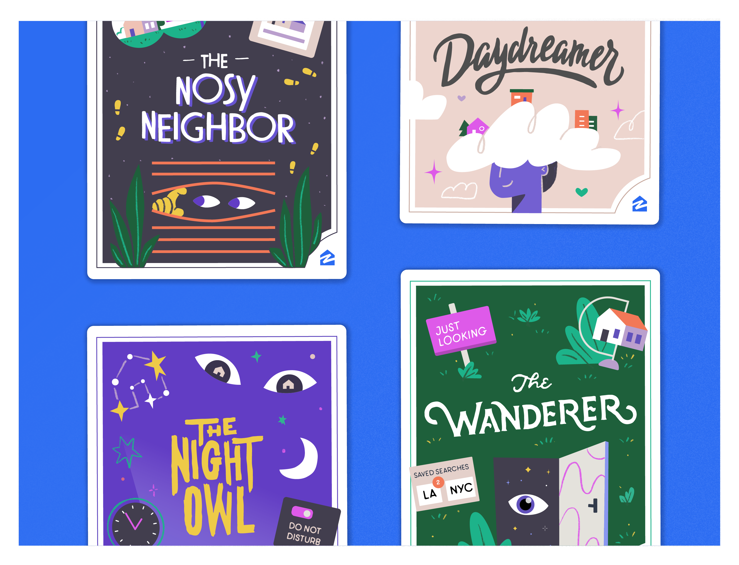 Zillowing Personalities: Trading cards cards daydreamer design illustration lettering neighbor night organic persona trading card typography vector wanderer