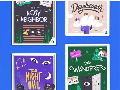 Zillowing Personalities: Trading cards cards daydreamer design illustration lettering neighbor night organic persona trading card typography vector wanderer