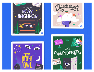 Zillowing Personalities: Trading cards cards daydreamer design illustration lettering neighbor night organic persona trading card typography vector wanderer