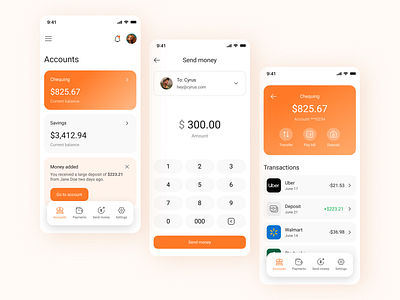 Bank App app design bank bank app finance fintech mobile design money send money tangerine transactions ui ui design ux