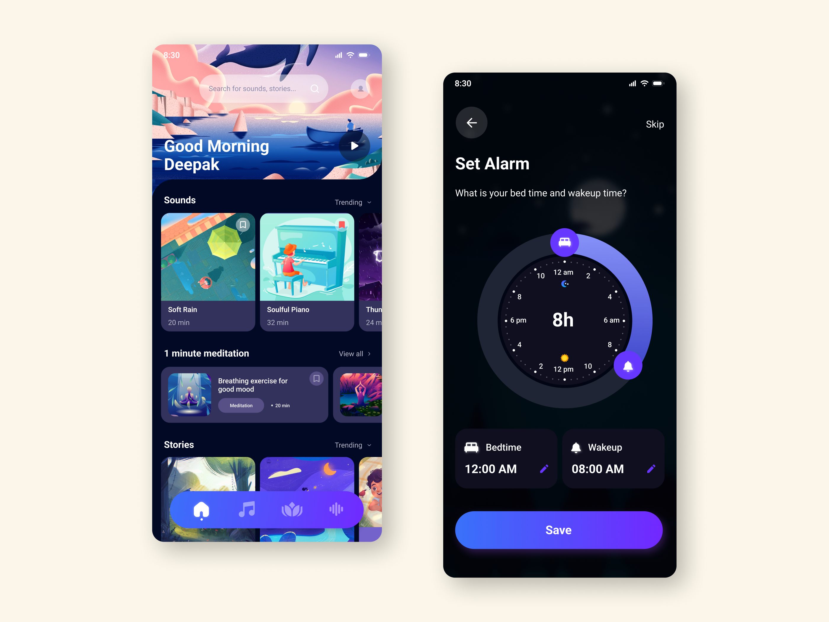 Sleep sounds & meditation App android app app design dark theme app graphic design illustration ios logo meditation meditation app minimal sleep sleep app timer ui ux web design website