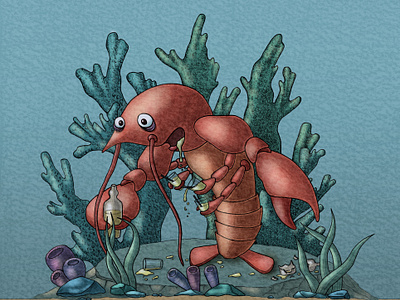 Drunk lobster animal character anthropomorphic character design digital color digital illustration drunk lobster pencil drawing plasticfree underwater