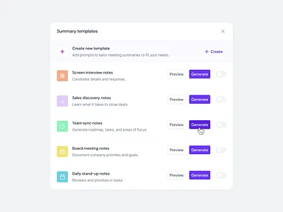 AI Summary Templates For Online Meetings✨ ai ai summary app chatgpt fireflies generate gpt meeting meeting templates modal openai popup saas summary template ui ux web webapp