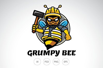 Grumpy Construction Bee Logo bee logo construction bee logo contruction logo design destructive bee logo graphic design hammer logo logo logo design logo template template